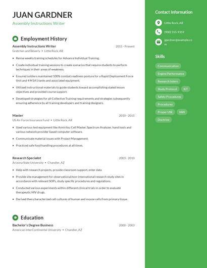 Assembly Instructions Writer Resume