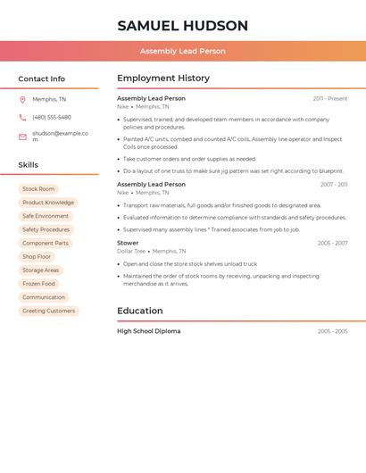Assembly Lead Person Resume