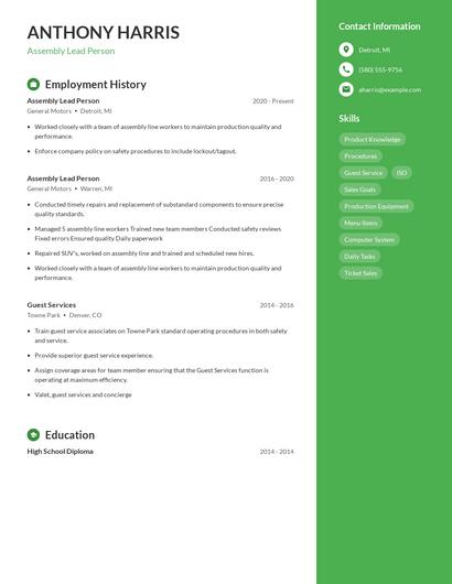 Assembly Lead Person Resume