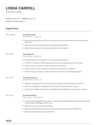 Assembly Leader Resume