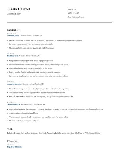 Assembly Leader Resume