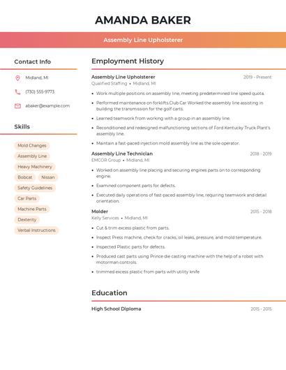 Assembly Line Upholsterer Resume