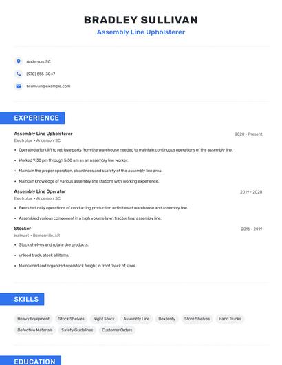 Assembly Line Upholsterer Resume