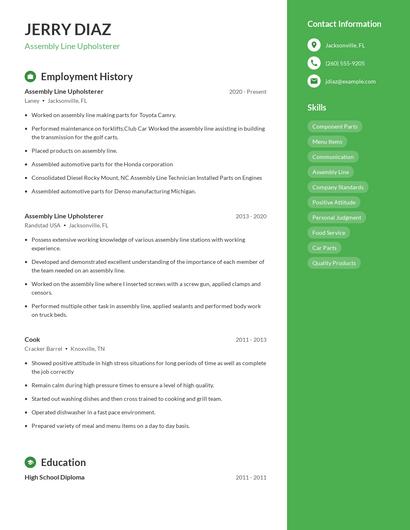 Assembly Line Upholsterer Resume