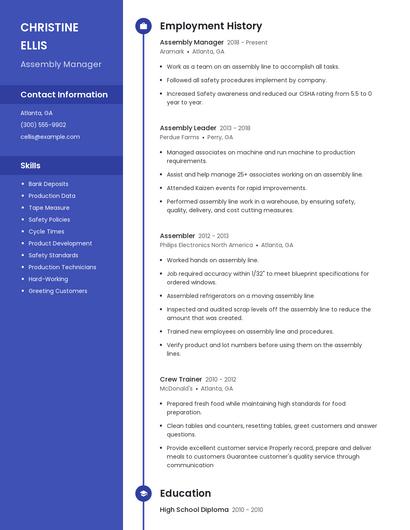 Assembly Manager Resume
