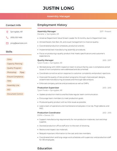 Assembly Manager Resume
