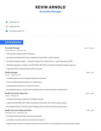 Assembly Manager Resume