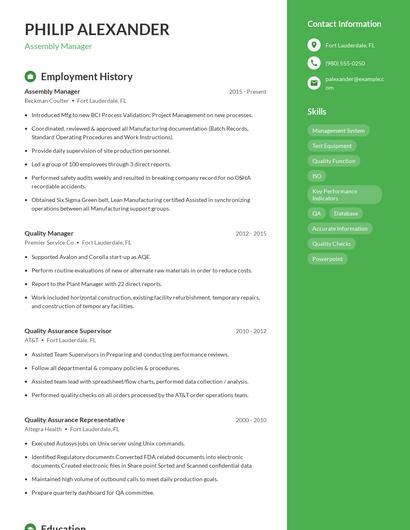 Assembly Manager Resume