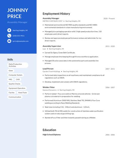 Assembly Manager Resume