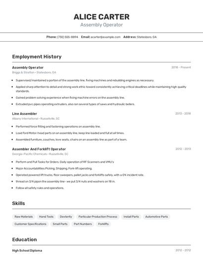 Assembly Operator Resume