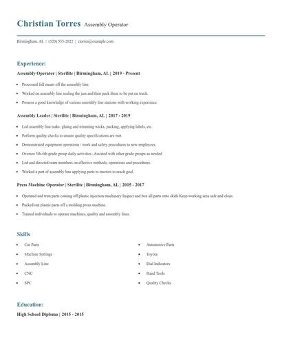 Assembly Operator Resume
