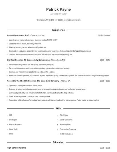 Assembly Operator Resume