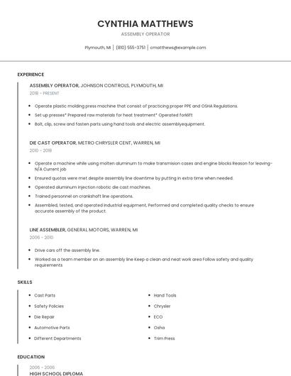 Assembly Operator Resume