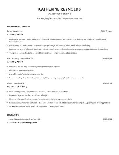 Assembly Person Resume