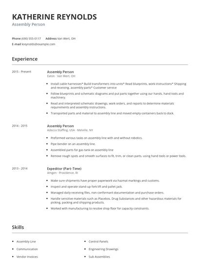 Assembly Person Resume