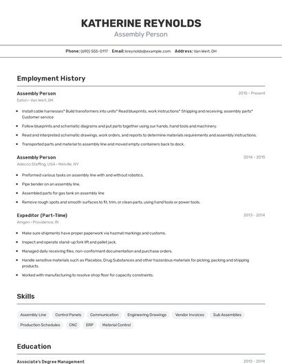 Assembly Person Resume
