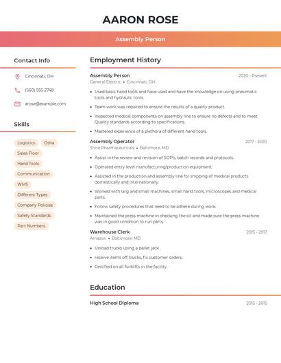 Assembly Person Resume