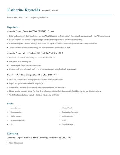 Assembly Person Resume