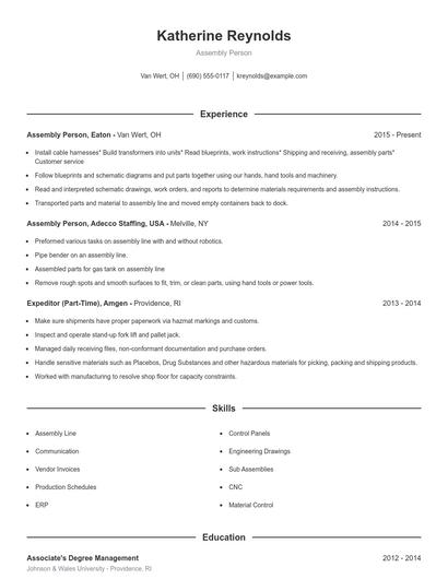Assembly Person Resume
