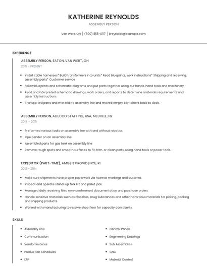 Assembly Person Resume