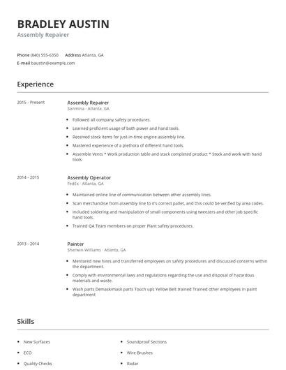 Assembly Repairer Resume