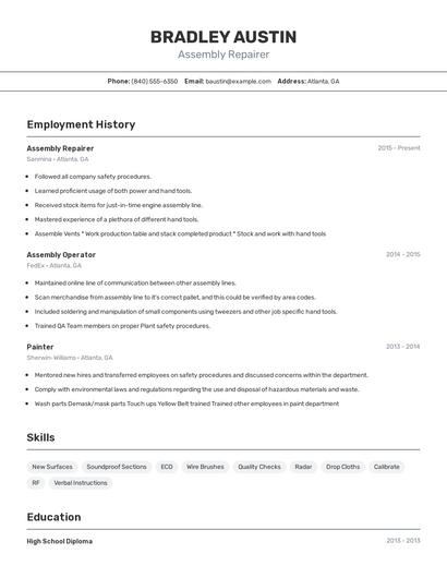 Assembly Repairer Resume