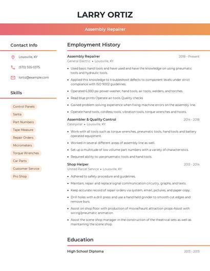Assembly Repairer Resume