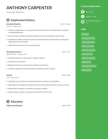 Assembly Repairer Resume