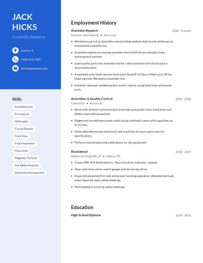 Assembly Repairer Resume