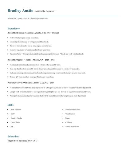 Assembly Repairer Resume