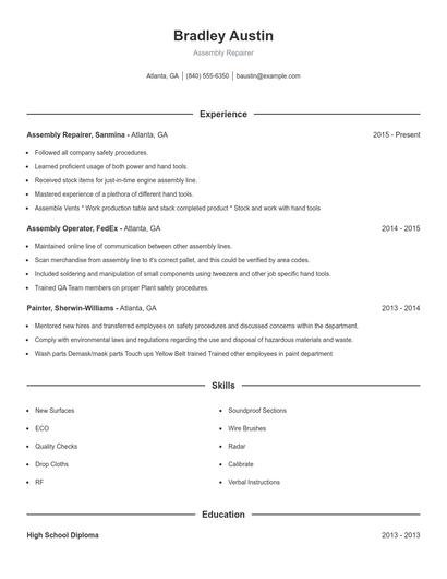 Assembly Repairer Resume