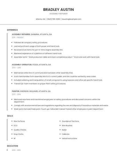 Assembly Repairer Resume