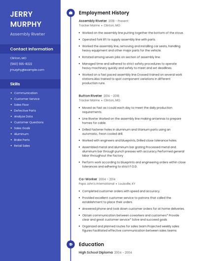 Assembly Riveter Resume
