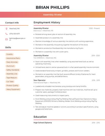 Assembly Riveter Resume