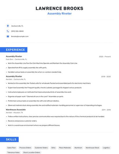 Assembly Riveter Resume
