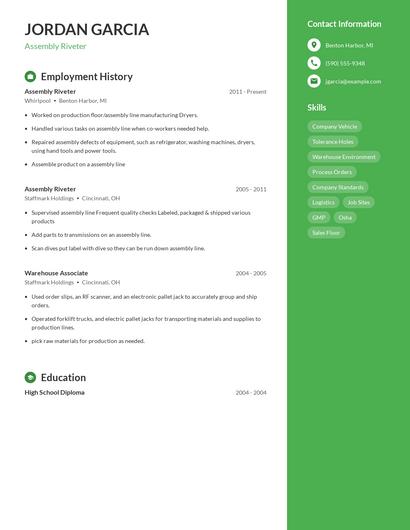 Assembly Riveter Resume