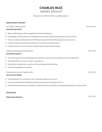 Assembly Specialist Resume