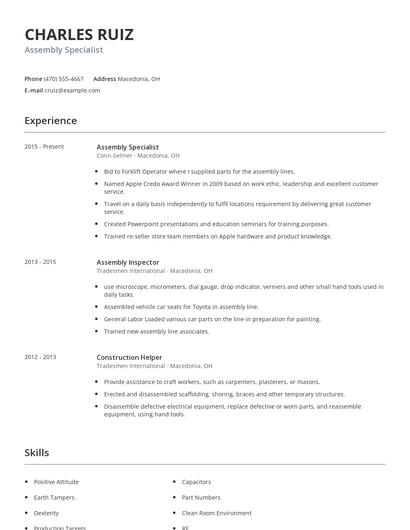 Assembly Specialist Resume