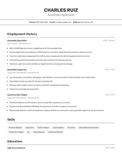 Assembly Specialist Resume
