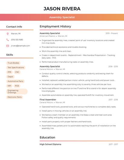 Assembly Specialist Resume