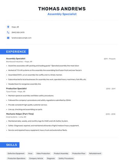 Assembly Specialist Resume