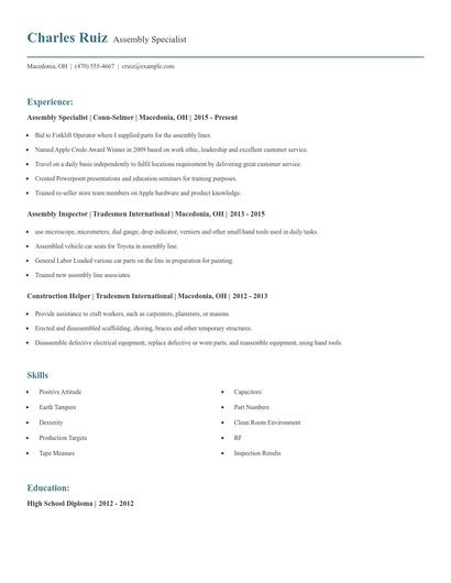 Assembly Specialist Resume