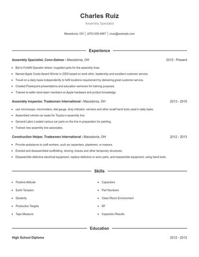 Assembly Specialist Resume