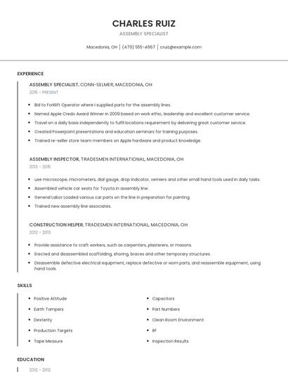 Assembly Specialist Resume