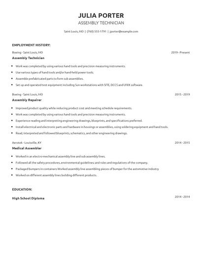 Assembly Technician Resume