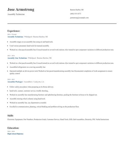 Assembly Technician Resume