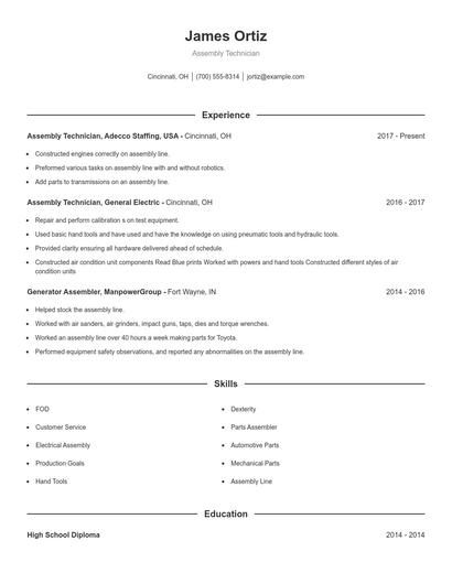 Assembly Technician Resume