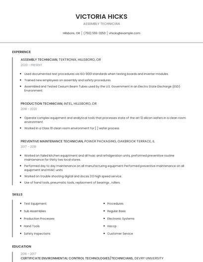 Assembly Technician Resume