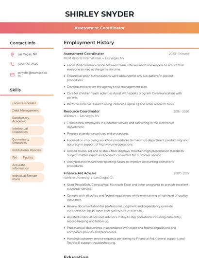 Assessment Coordinator Resume