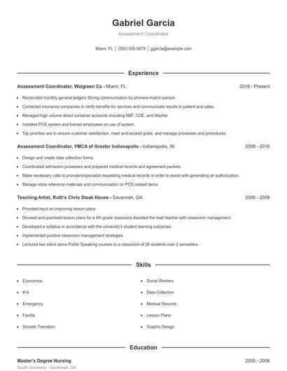 Assessment Coordinator Resume